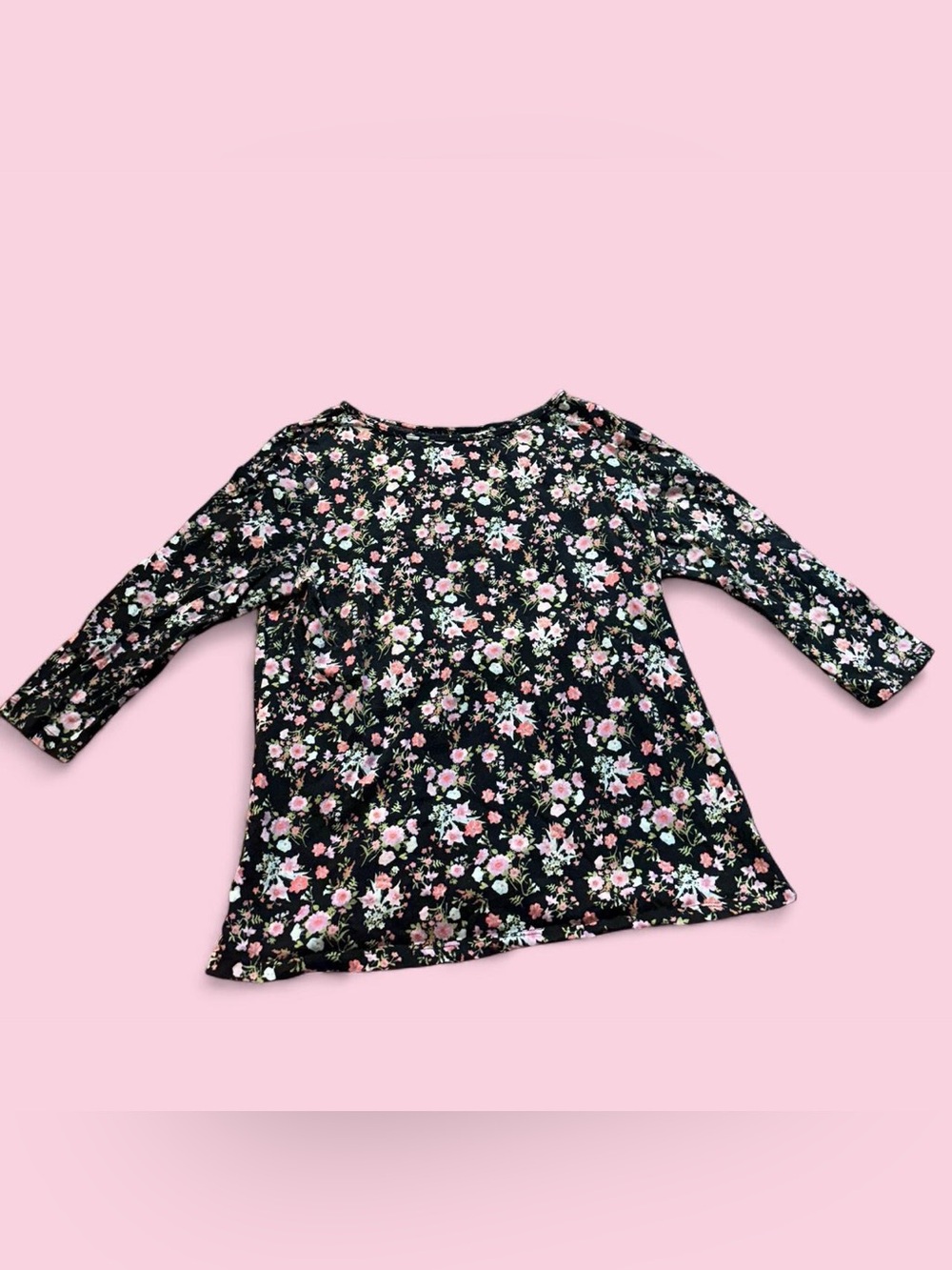 100% Cotton Black And Pink Floral 3/4 Sleeve Top